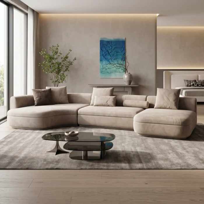Beige Fabric L Shape Sectional