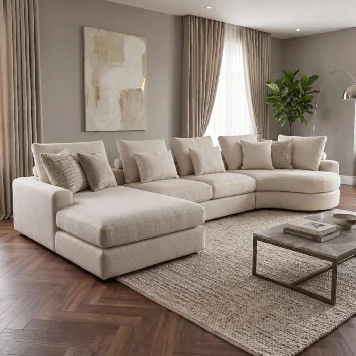 Beige Fabric L Shape Sectional Sofa