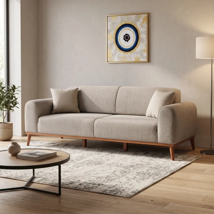 Beige Fabric Three Seater Wooden Legs