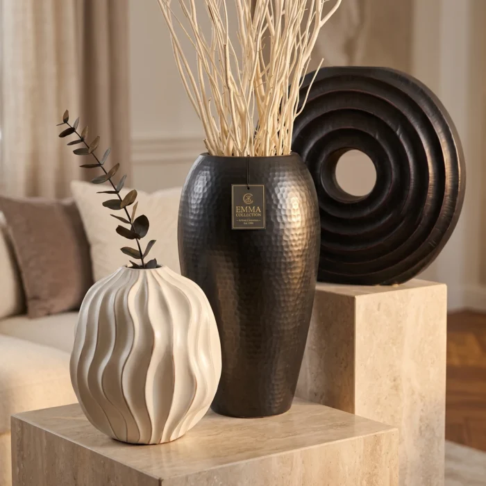 Black White Ribbed Ceramic Vases