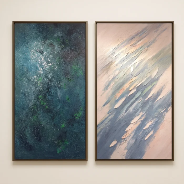 Blue Green Abstract Paintings Duo