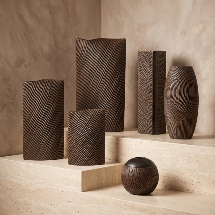 Carved Wooden Cylinder Vases