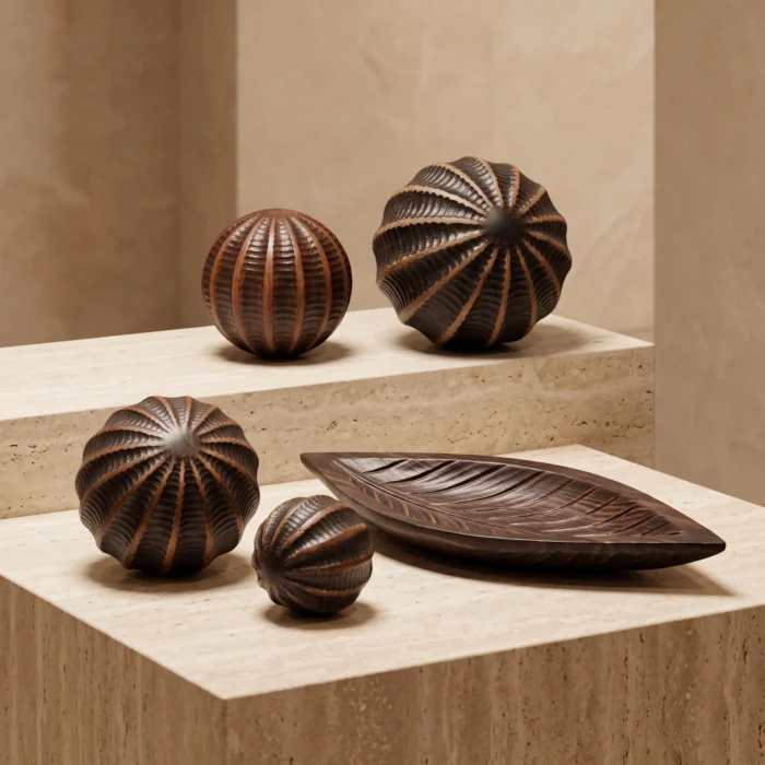 Carved Wooden Tray Ribbed Spheres