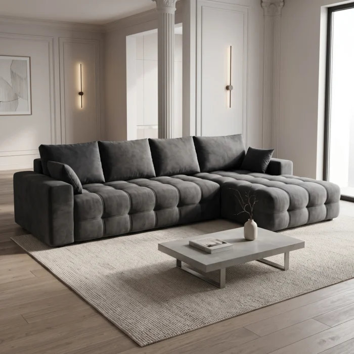 Charcoal Grey Tufted Velvet Sectional