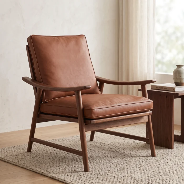 Classic Brown Leather Wooden Armchair