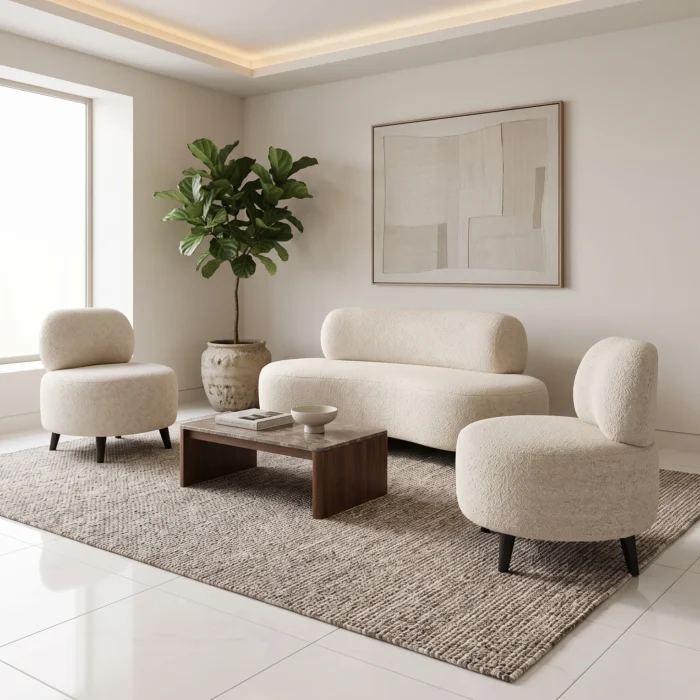 Cream Boucle Curved Sofa Set