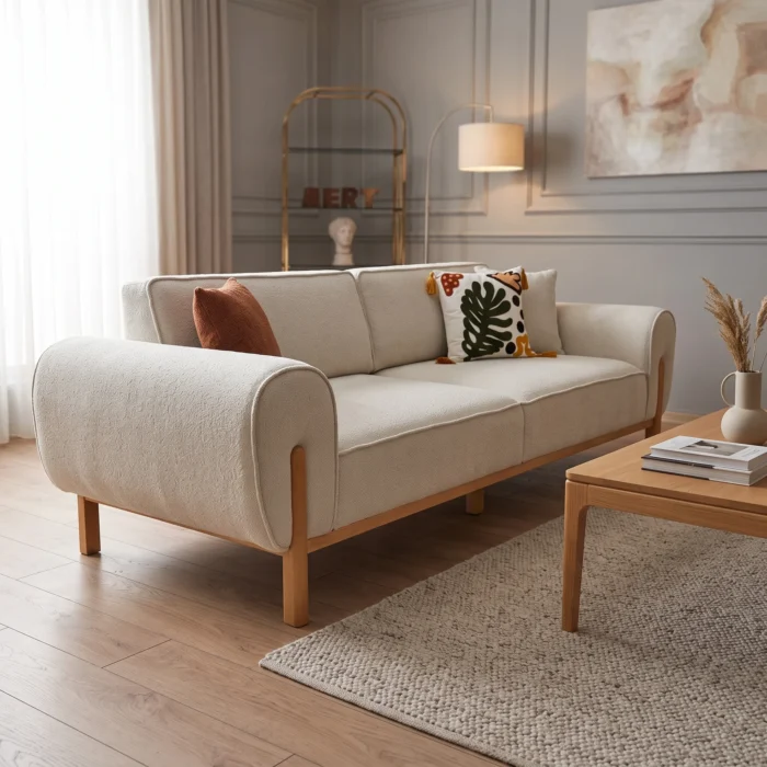 Cream Boucle Three Seater Sofa