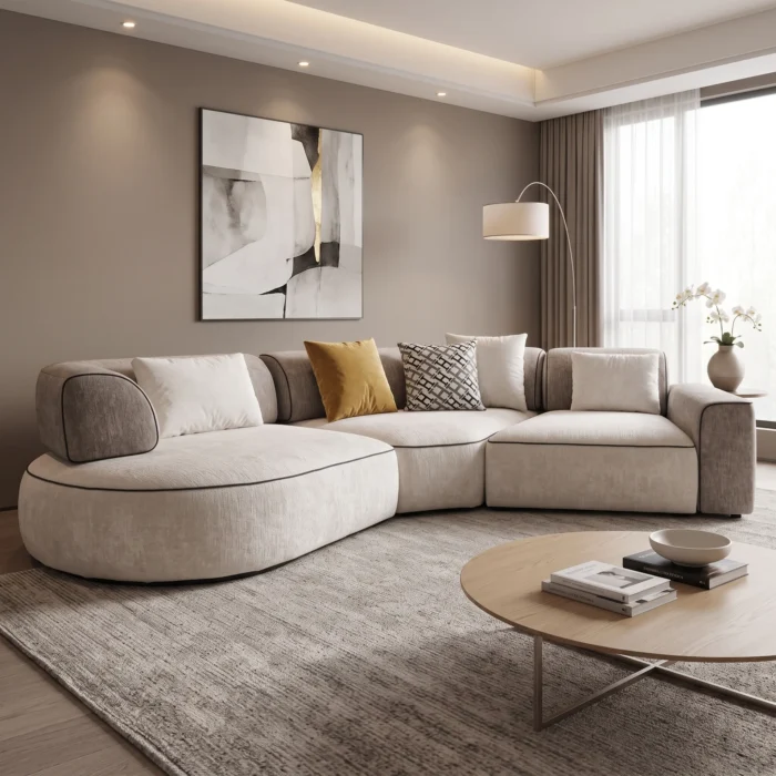 Cream White Curved Boucle Sofa