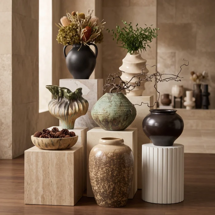Green Beige Glazed Ceramic Vases