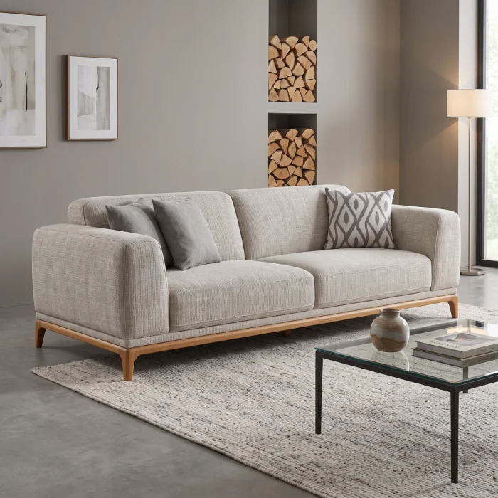 Grey Fabric Three Seater Wooden Base