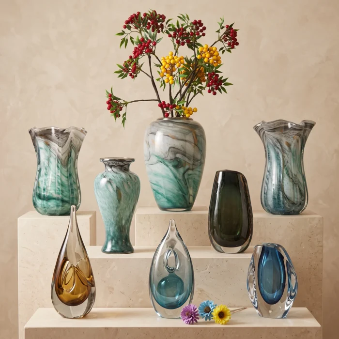 Handblown Teal Green Glass Vases