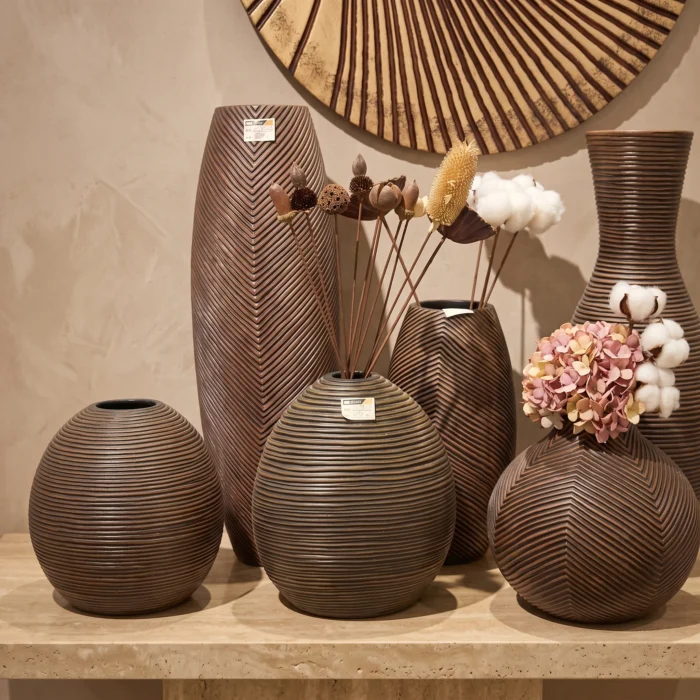 Large Ribbed Dark Brown Floor Vases