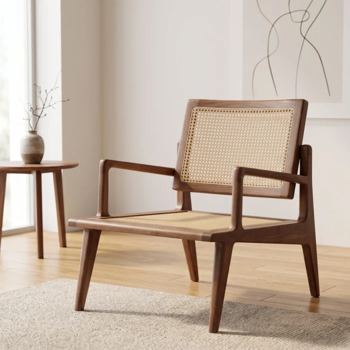 Natural Rattan Cane Wooden Armchair