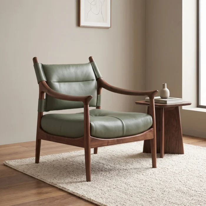 Olive Green Leather Wooden Armchair