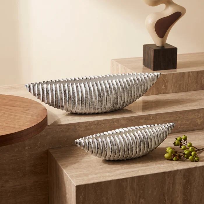 Ribbed Canoe Shaped Silver Bowls