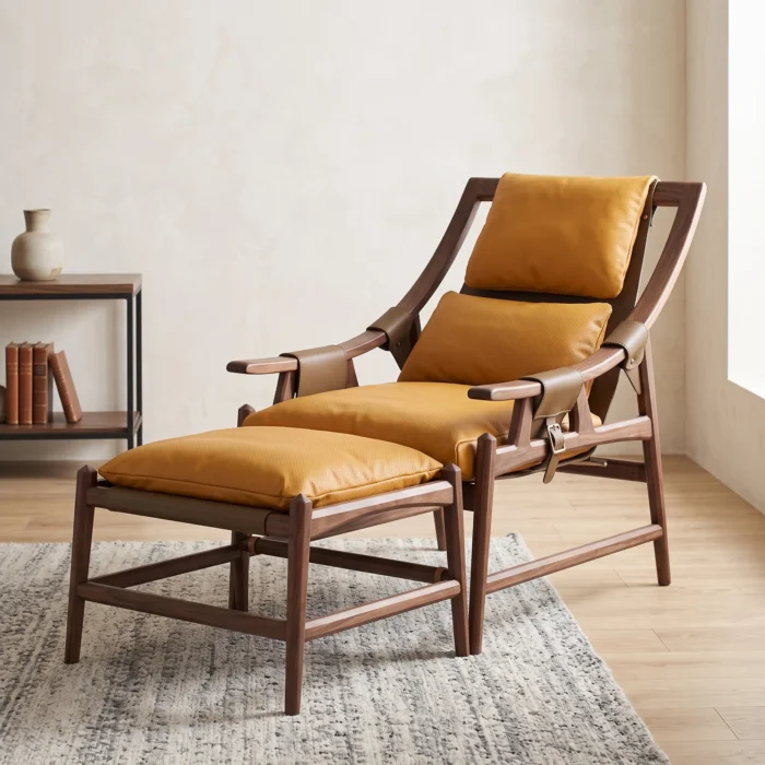 Tan Leather Lounge Chair With Ottoman