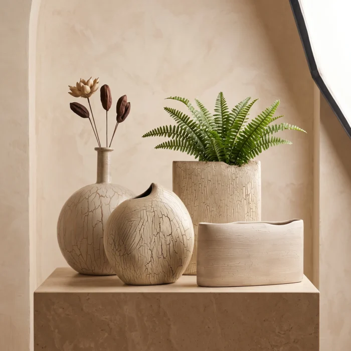 Textured Beige Round Ceramic Vases
