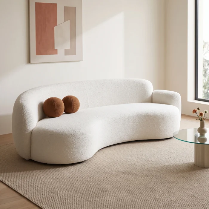 White Boucle Curved Modern Sofa