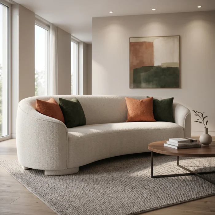 White Curved Boucle Accent Sofa