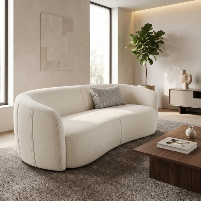 White Curved Boucle Sofa