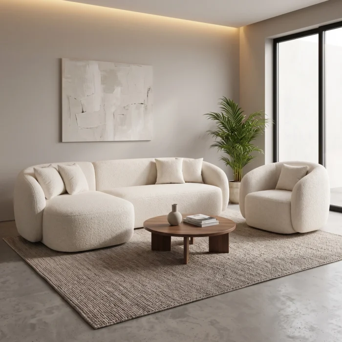 White Curved Boucle Sofa Set