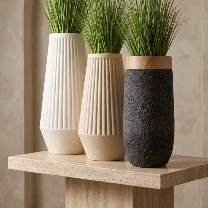 White Ribbed Black Base Vases