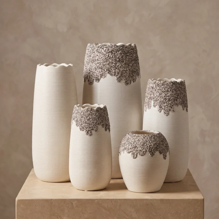 White Ribbed Silver Base Vases
