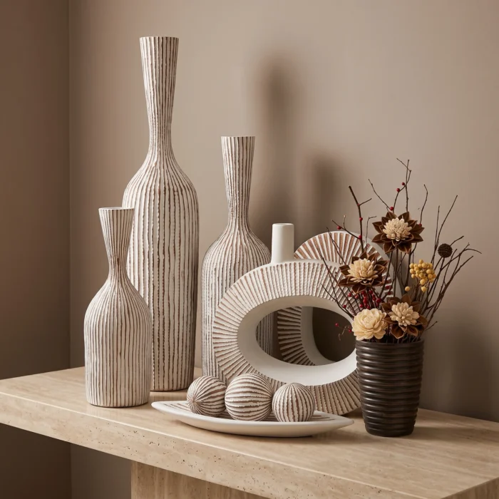 White Textured Ceramic Vases Branches