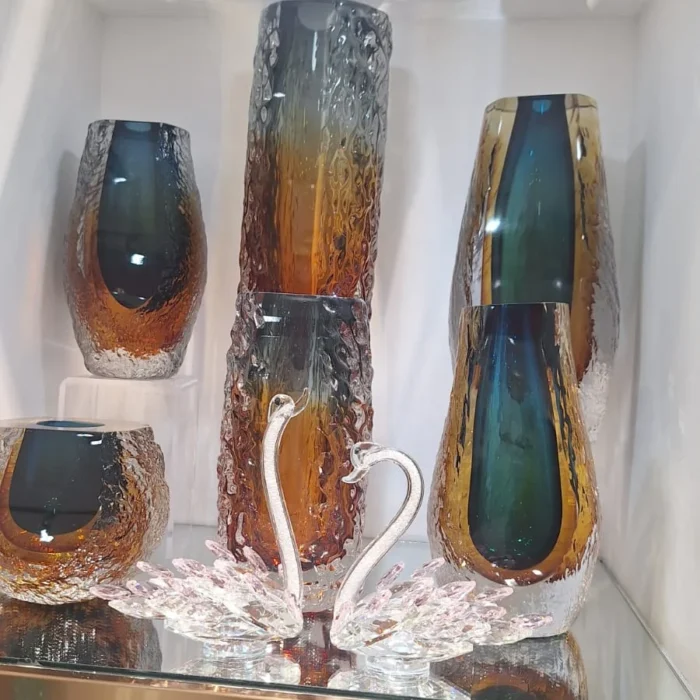 Amber and Teal Art Glass Vases Display