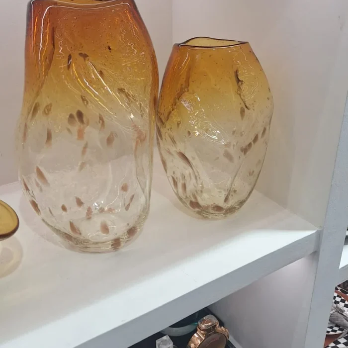 Amber Honeycomb Glass Vases Pair