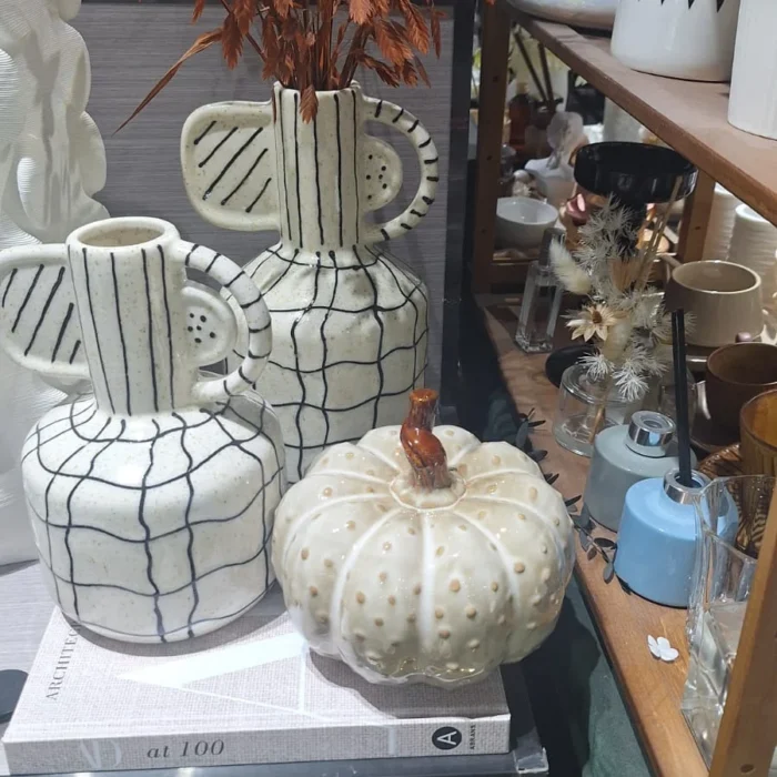 Black and White Grid Ceramic Vases and Pumpkin Decor