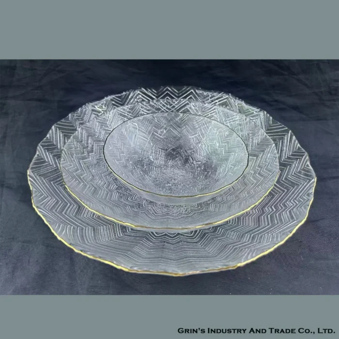 Chevron Pattern Glass Plates with Gold Rim Set