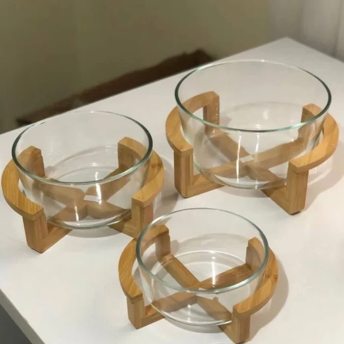 Clear Glass Bowls on Wooden Stands Set of 3