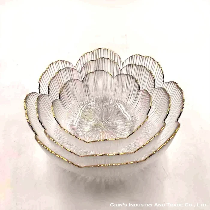 Clear Glass Lotus Petal Bowl Set with Gold Rim