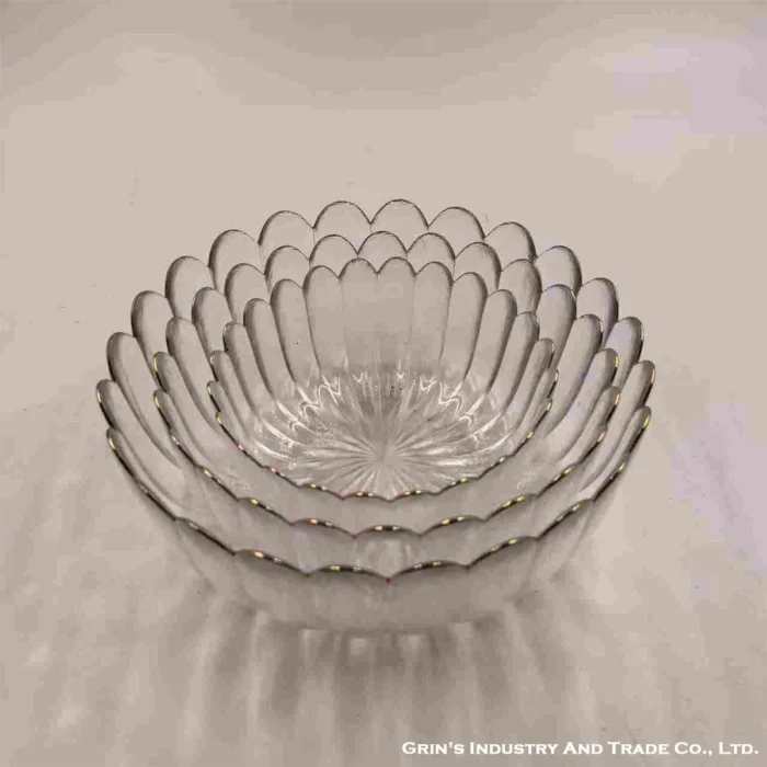 Clear Ribbed Glass Fruit Bowl with Gold Rim