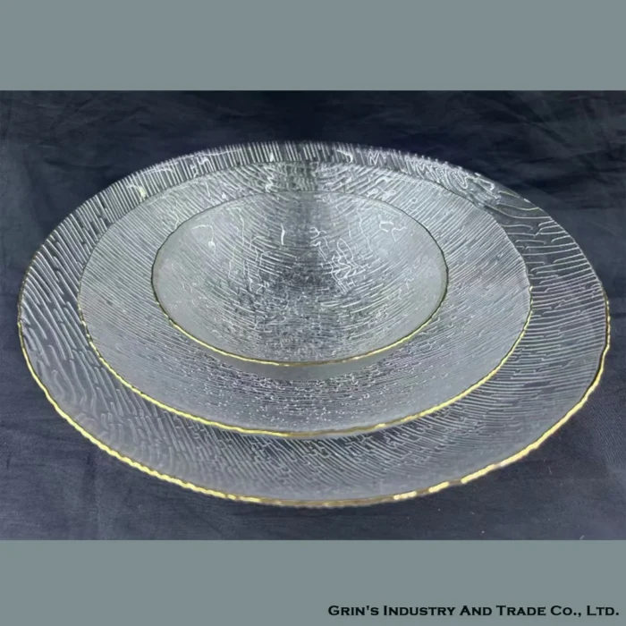 Clear Textured Glass Plates with Gold Rim Set