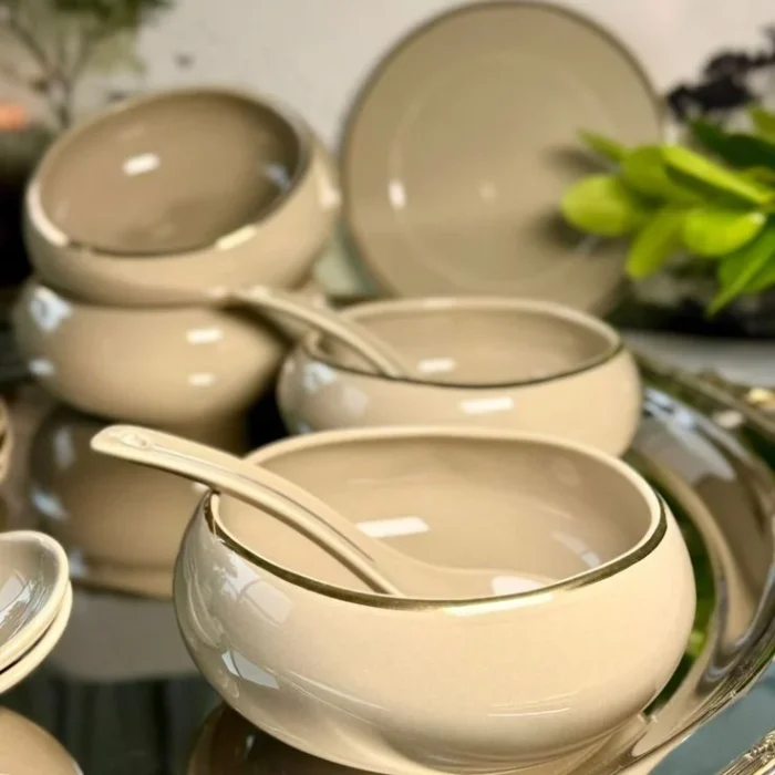 Cream and Gold Trim Bowls Set with Spoons