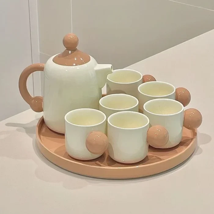 Cream Ceramic Tea Set with Wooden Tray