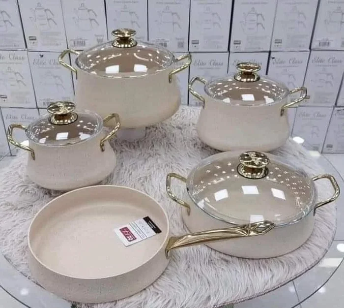 Cream Cookware Pots Set with Gold Handles