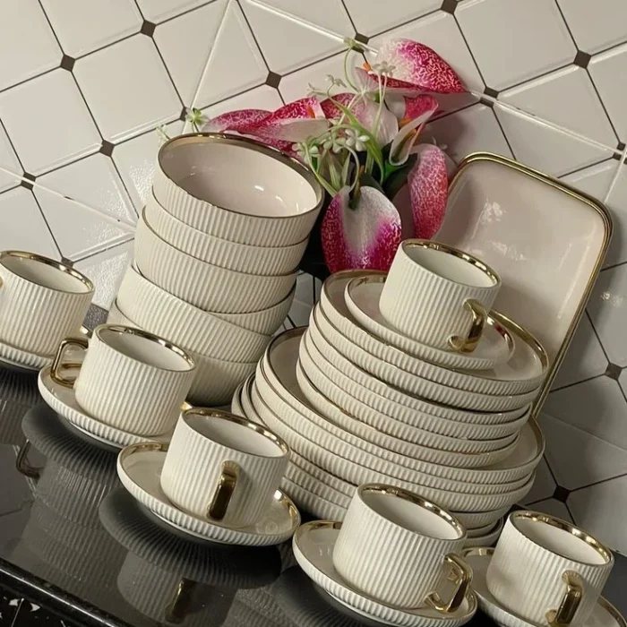 Cream Ribbed Dinnerware and Coffee Cup Set