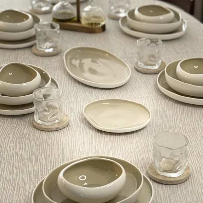 Cream Stoneware Dinnerware Set on Table