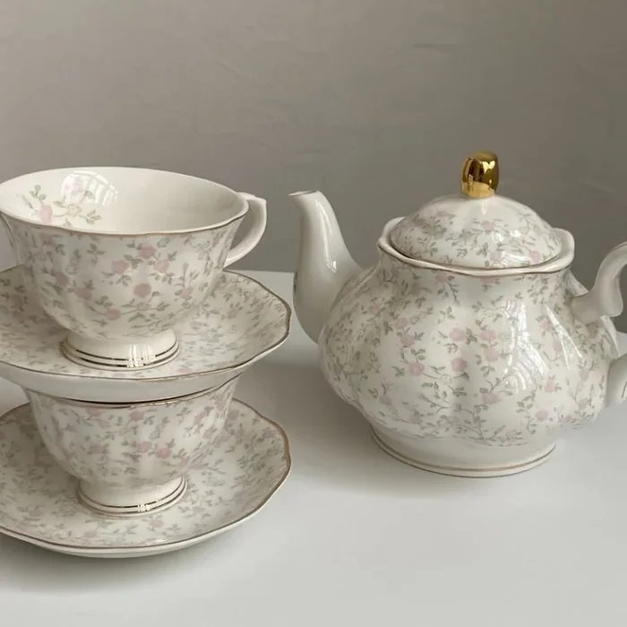 Floral Porcelain Teapot and Teacups Set