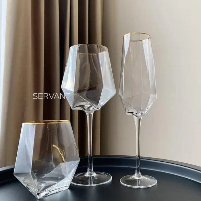 Geometric Crystal Wine Glasses with Gold Rim