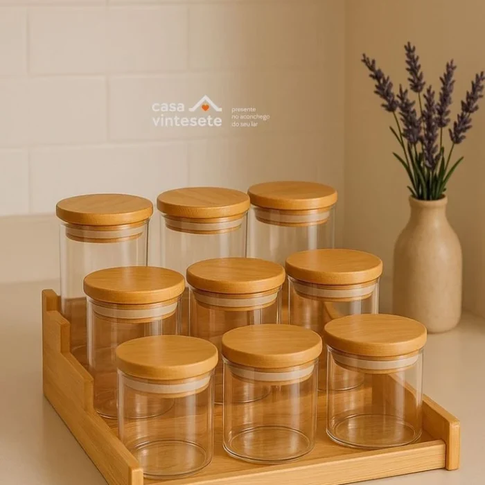 Glass Spice Jars Set on Wooden Rack