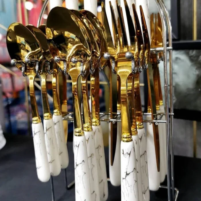 Gold and White Marble Cutlery Set on Hanging Rack