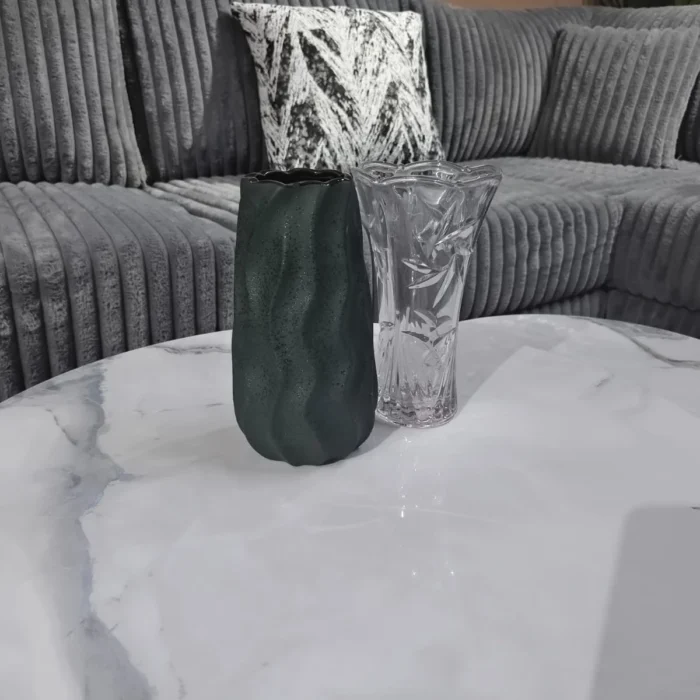 Green Wavy Vase and Crystal Vase Table Setting