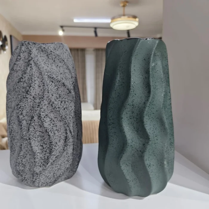 Grey Stone and Green Wavy Ceramic Vases