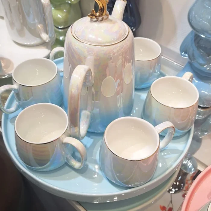 Iridescent Blue Porcelain Tea Set on Tray