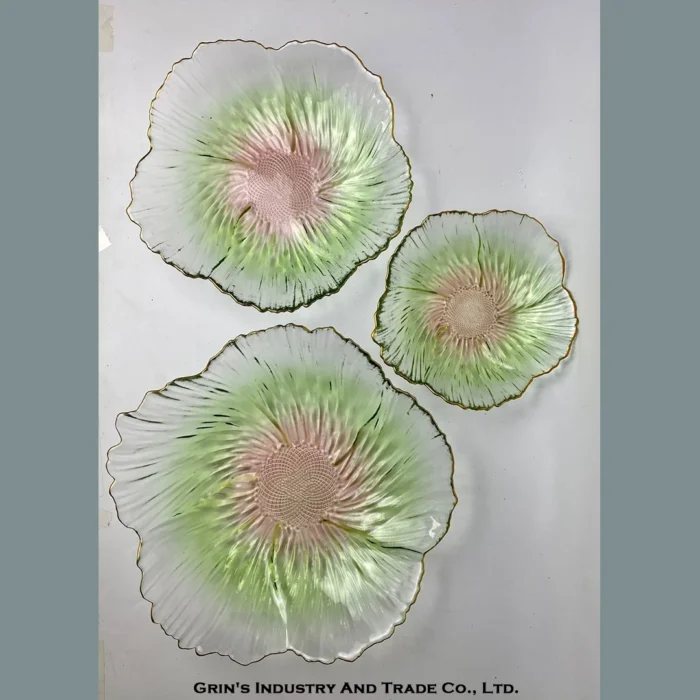 Iridescent Green and Pink Lotus Glass Plates Set