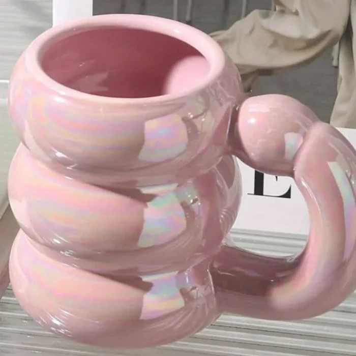 Iridescent Pink Bubble Handle Ceramic Mug